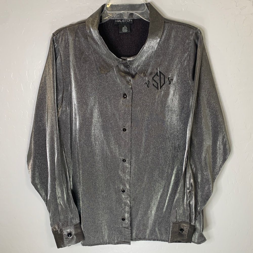 Halston Long Sleeve Button Down Metallic Blouse - image 1